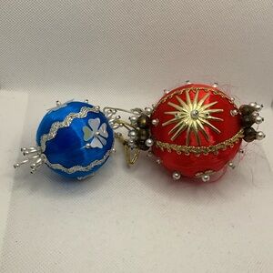 Vintage ball sequin beaded satin Christmas ornament Set of 2